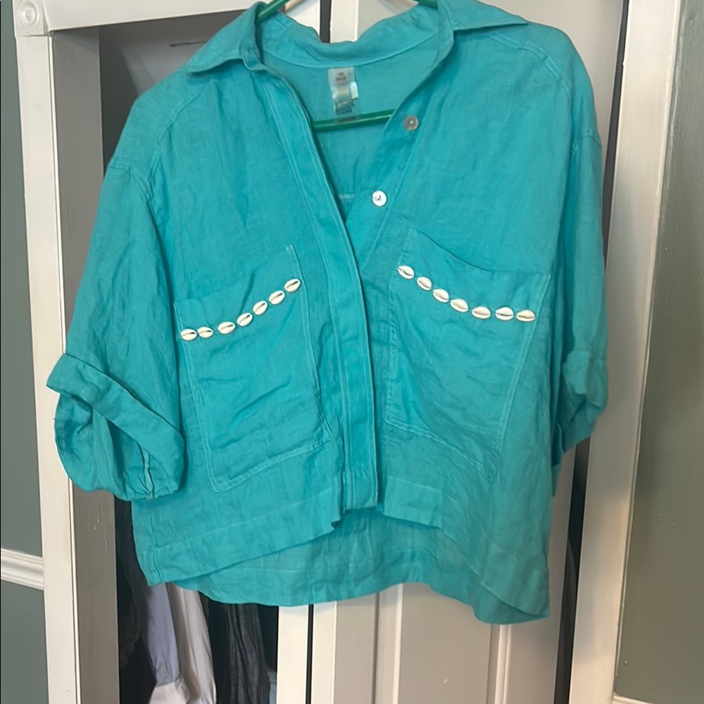 Turquoise Button-Up Shirt with Shell Accents